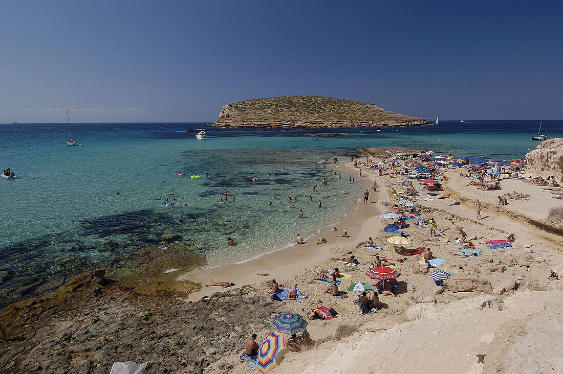 Platges de Comte and Illa des Bosc in background. Ibiza, Balearic Islands. Spain