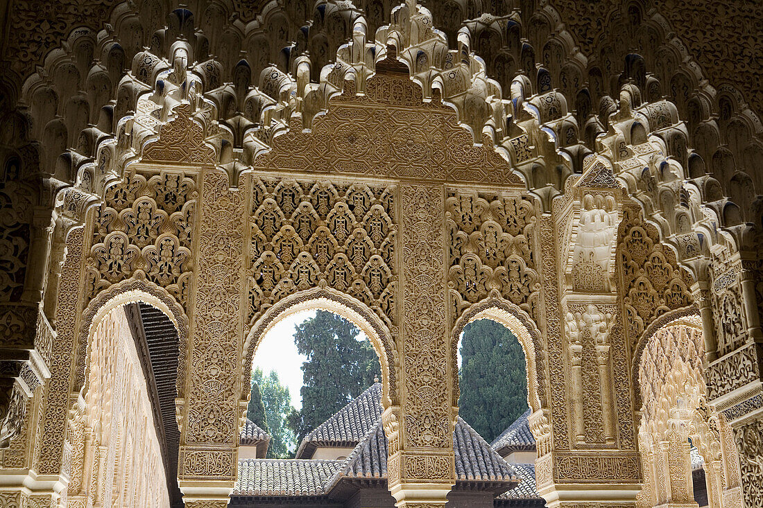 Mocarabes (aka Stalactite or Honeycomb work) in the Court of the Lions, Alhambra. Granada. Andalusia, Spain