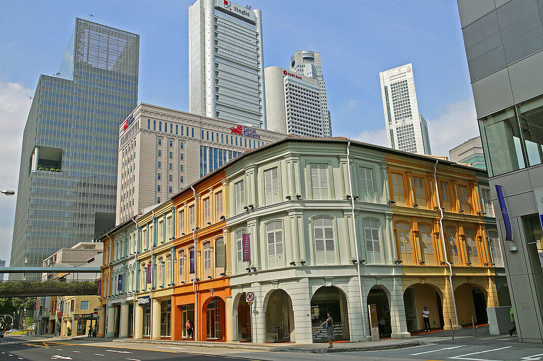 China Town, view of South Bridge Road against the backdrop of the banking district highrise. Singapore.