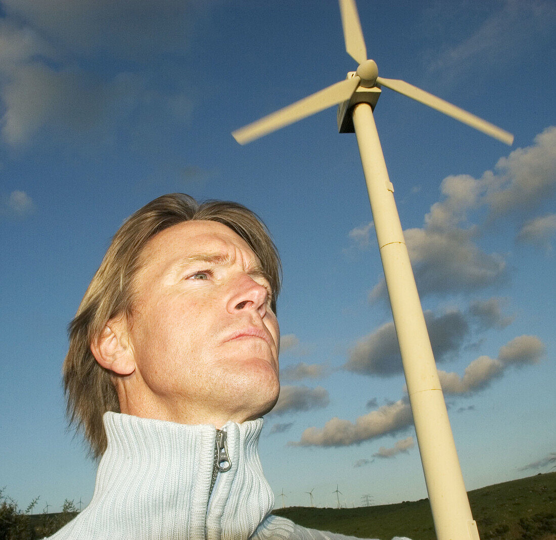 s, Alternative energies, Alternative energy, Caucasian, Caucasians, Close up, Close-up, Closeup, Color, Colour, Daytime, Ecology, Environment, Exterior, Face, Faces, Facial expression, Facial expressi