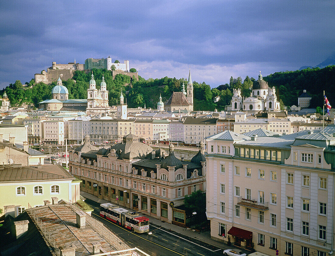 Overview at dusk on the Cathedral and roofs of the old town. Salzburg . Austria