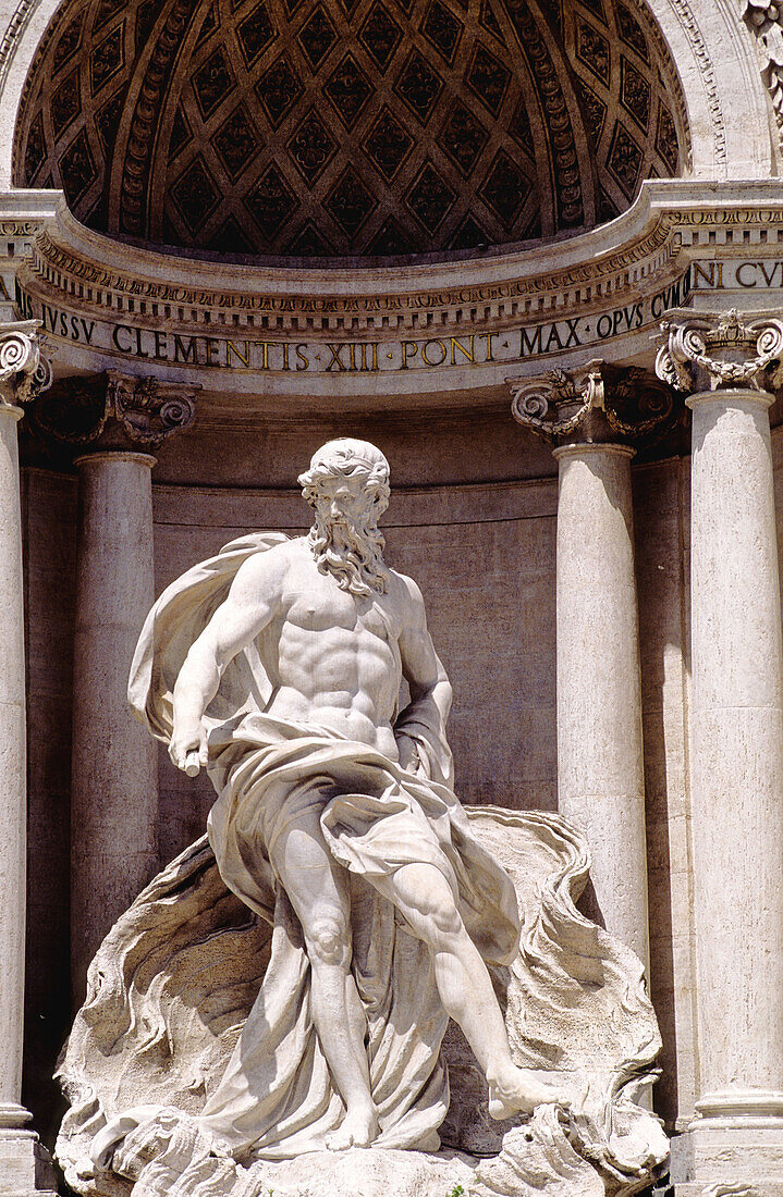 Central sculpture of Trevi fountain by Niccolò Salvi (1735). Rome, Italy