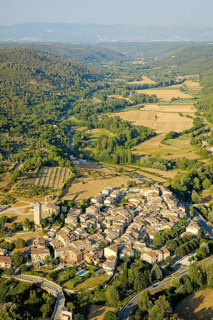 Aerial of Saint-Martin-de-Brômes village, Valensole plateau. Alpes de Haute-Provence, Provence, France