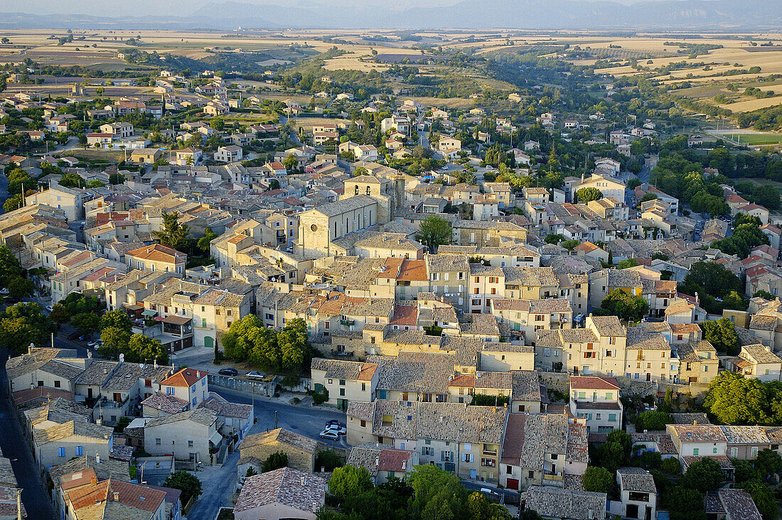 Aerial of the village of Valensole in summer. Alpes de Haute-Provence, Provence, France