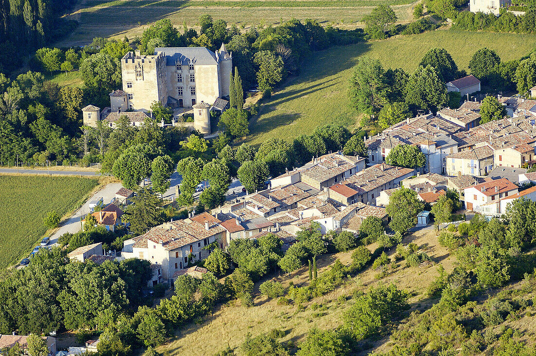 Aerial of Allemagne-en-Provence village and castle. Alpes de Haute-Provence, Provence, France