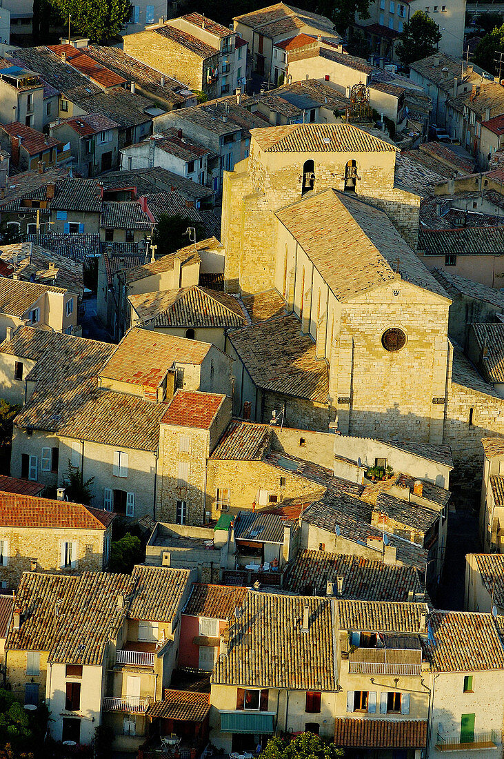 Aerial of the village of Valensole in summer. Alpes de Haute-Provence, Provence, France