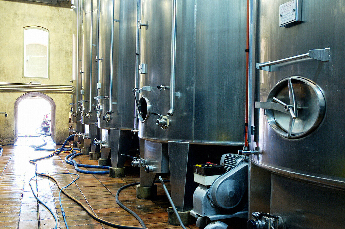 Fermentation steel vats, Château Val Joanis winery. Pertuis, Luberon region. Vaucluse, Provence, France