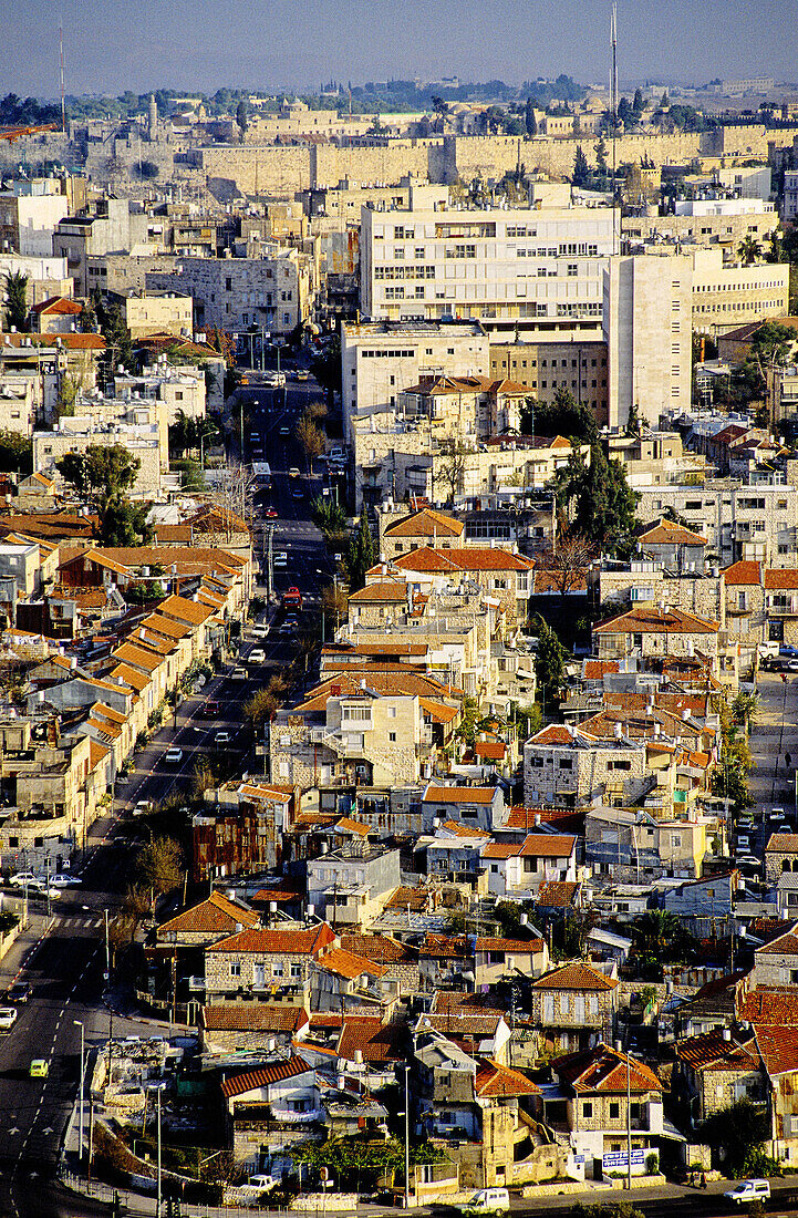 Aerial photography of Jerusalem with the Turkish ramparts in background. Jerusalem, Israel