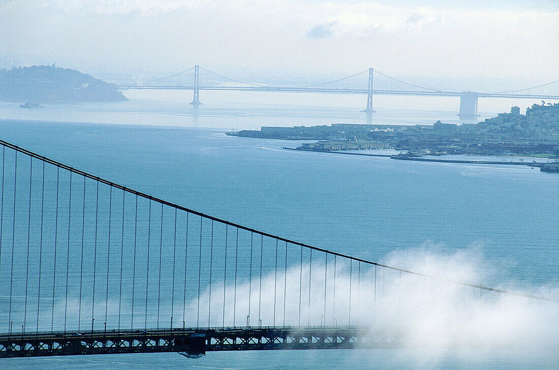 Overview on the San Francisco bay and the Golden Gate Bridge. California, USA