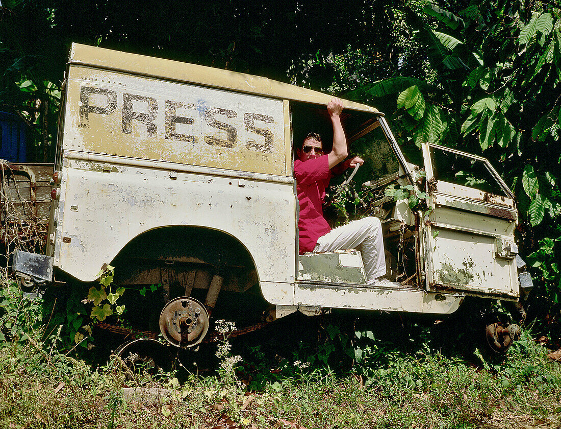 Wrecked press car. Grenada island, Caribbean. British West Indies