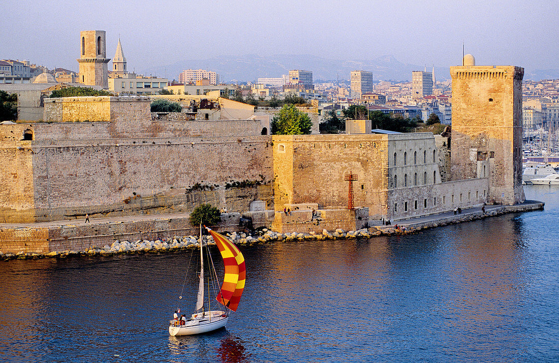 Overview on the Vieux Port (old port) and Fort Saint Jean on the left at dusk, Marseille. Bouches-du-Rhône, France