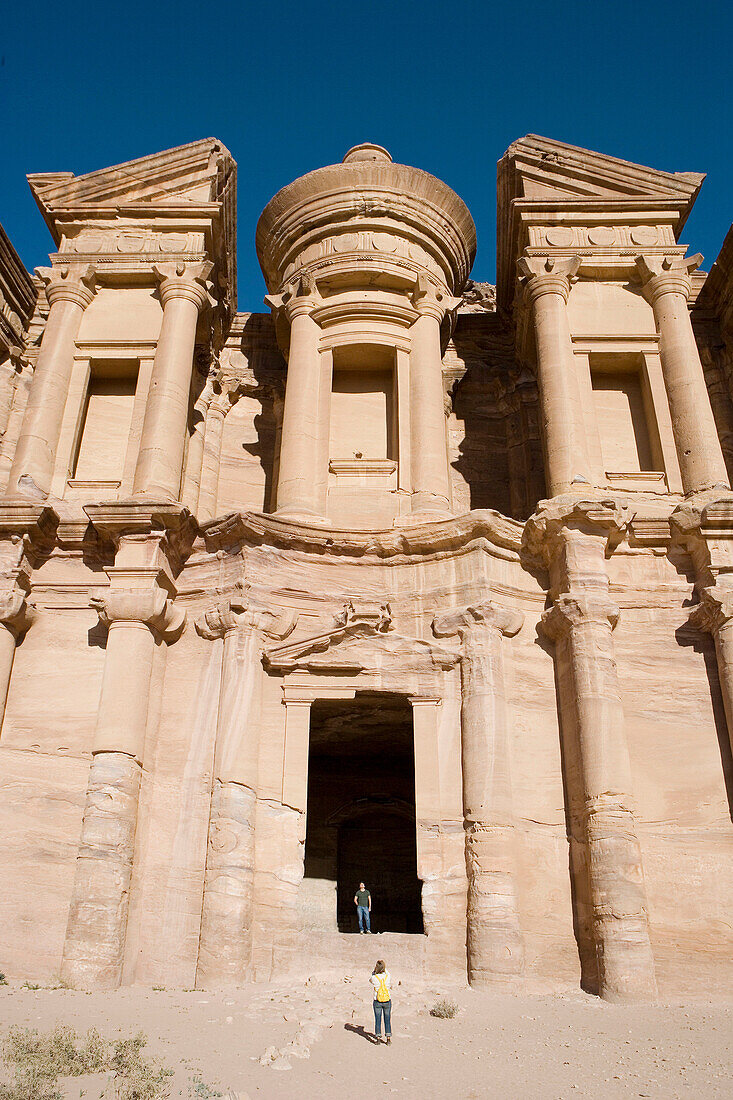 The Deir, also called Monastery, has been carved in the rock on top of mountain at II th century BC by the Nabatean people. This temple was a place of worship and later on used as a primitive church. Archeological site of Petra. Jordan.