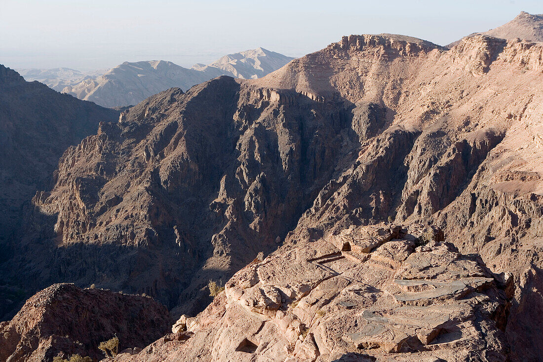 Overview from the Deir site. Nabatean site of Petra. Kingdom of Jordan