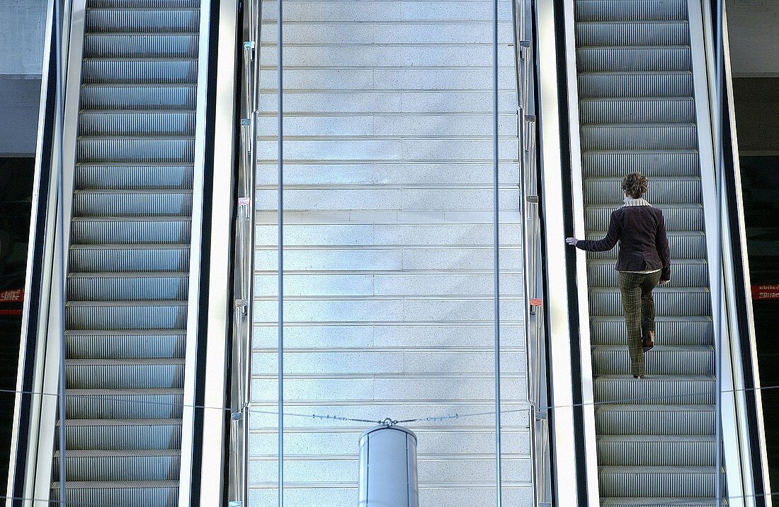 Escalators at Ansio station, Bilbao subway designed by architect Norman Foster. Barakaldo, Bilbao. Biscay, Euskadi. Spain