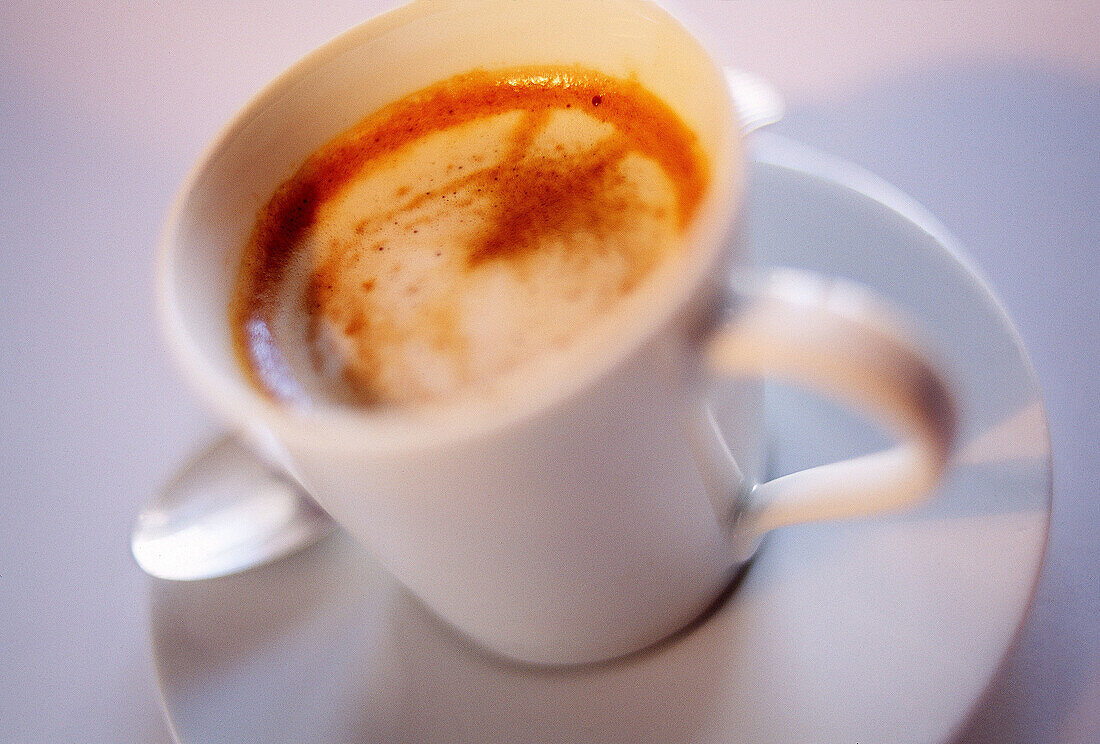  Beverage, Beverages, Close up, Close-up, Closeup, Coffee, Color, Colour, Concept, Concepts, Drink, Drinks, Espresso, Handle, Handles, Horizontal, Indoor, Indoors, Inside, Interior, Object, Objects, One, Saucer, Saucers, Spoon, Spoons, Still life, Thing, 