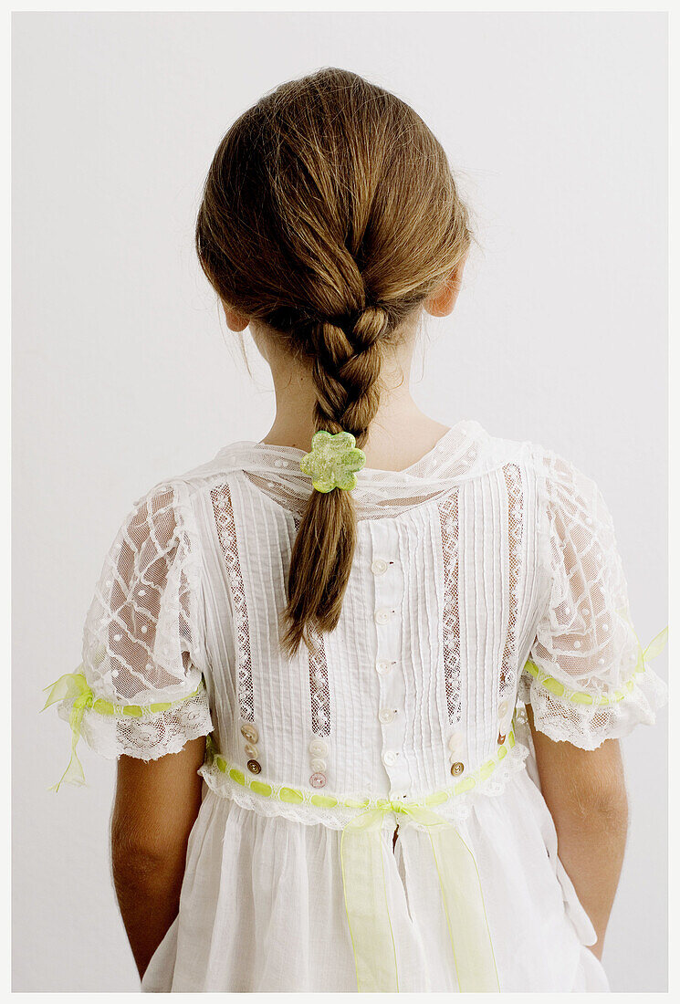  Back view, Braid, Braids, Child, Childhood, Children, Color, Colour, Contemporary, Dress, Dresses, Female, Girl, Girls, Hair, Human, Indoor, Indoors, Infantile, Interior, Kids, Long hair, Long haired, Long-haired, Medium-shot, One, One person, People, Pe