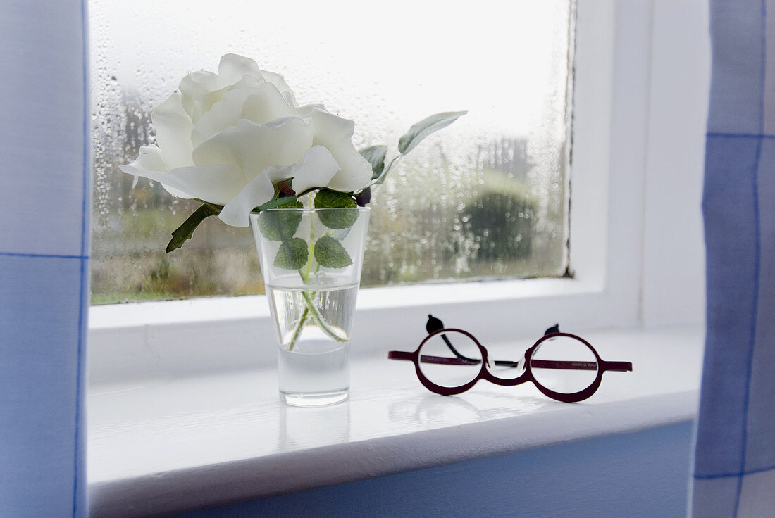 Detail of a window with eyeglasses and white rose