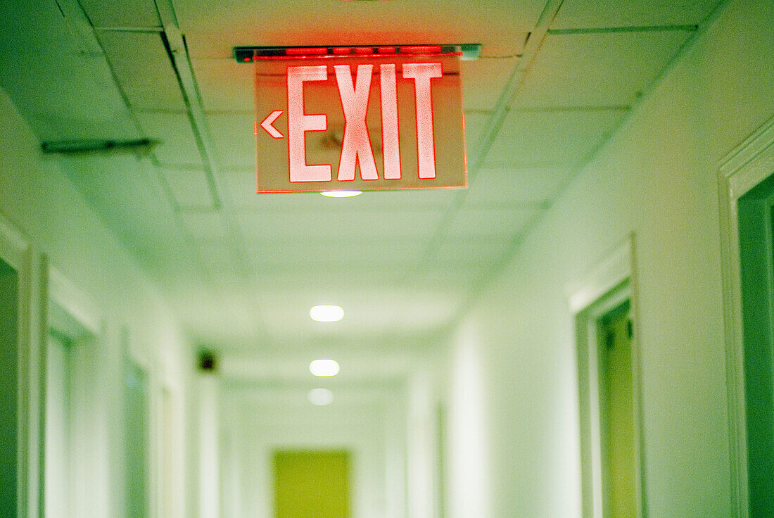  Artistic effect, Bearing, Color, Colour, Concept, Concepts, Corridor, Corridors, Detail, Details, Exit, Exits, Indoor, Indoors, Information, Interior, Orientation, Red, Selective focus, Sign, Signs, B75-604592, agefotostock 