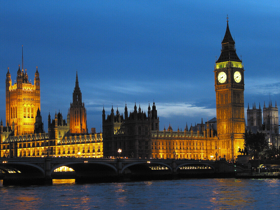 Houses of Parliament, Westminster Abbey, Westminster Bridge and River Thames. London, England