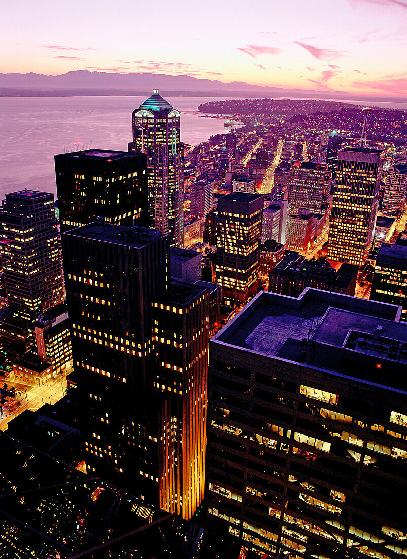 View of downtown and Elliott Bay from Gateway Tower. Seattle. Washington. USA.