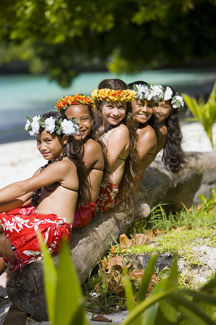 Girls (age 9) in Poynesian. Dance Outfits, Palau, Micronesia, Rock Islands, World Heritage Site, Western Pacific