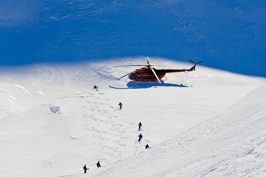 Heliskiing in Kamtschatka, Sibirien, Russland, eine Gruppe Skifahrer fährt zum Helikopter vom Typ MI-8,  MR