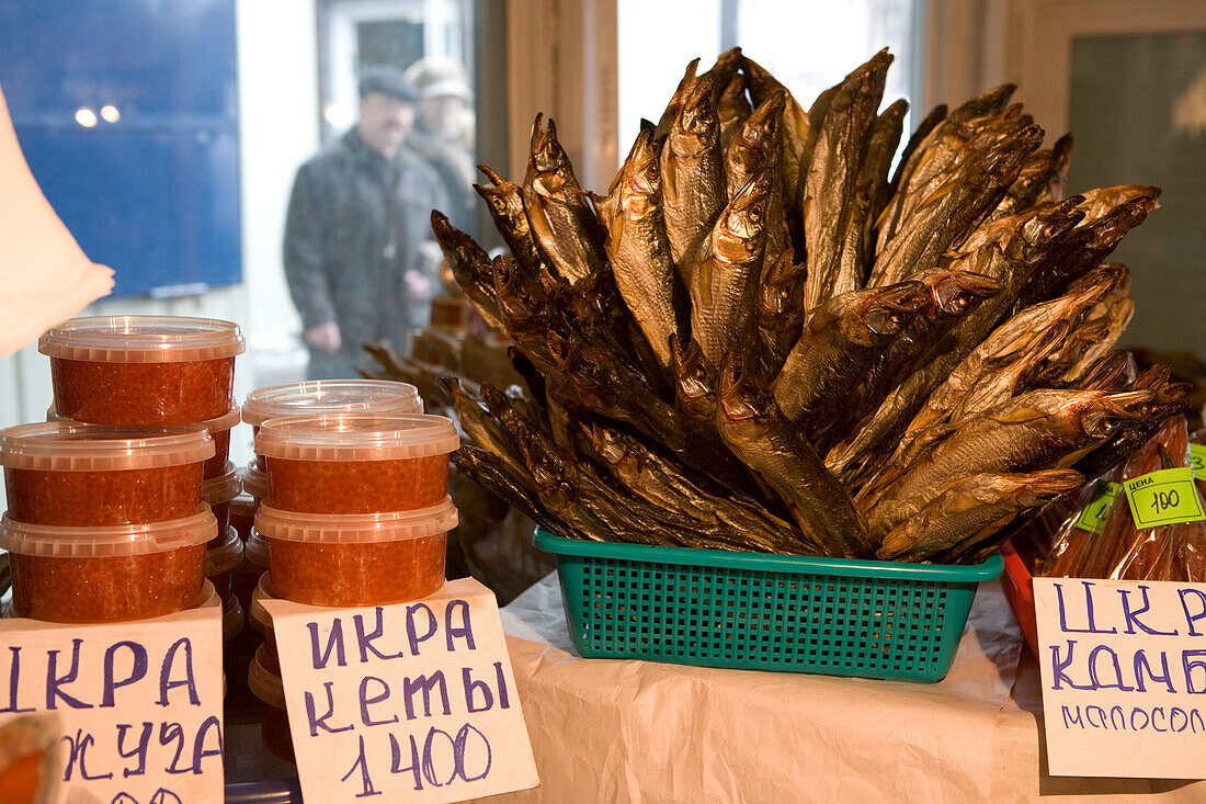 Dried fish and Caviar of salmon at the market of Petropavlovsk, Sibiria, Russia