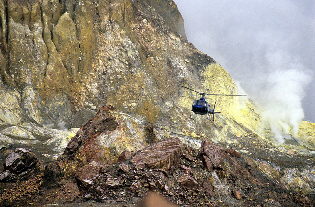 helicopter landing on White Island, North Island, New Zealand