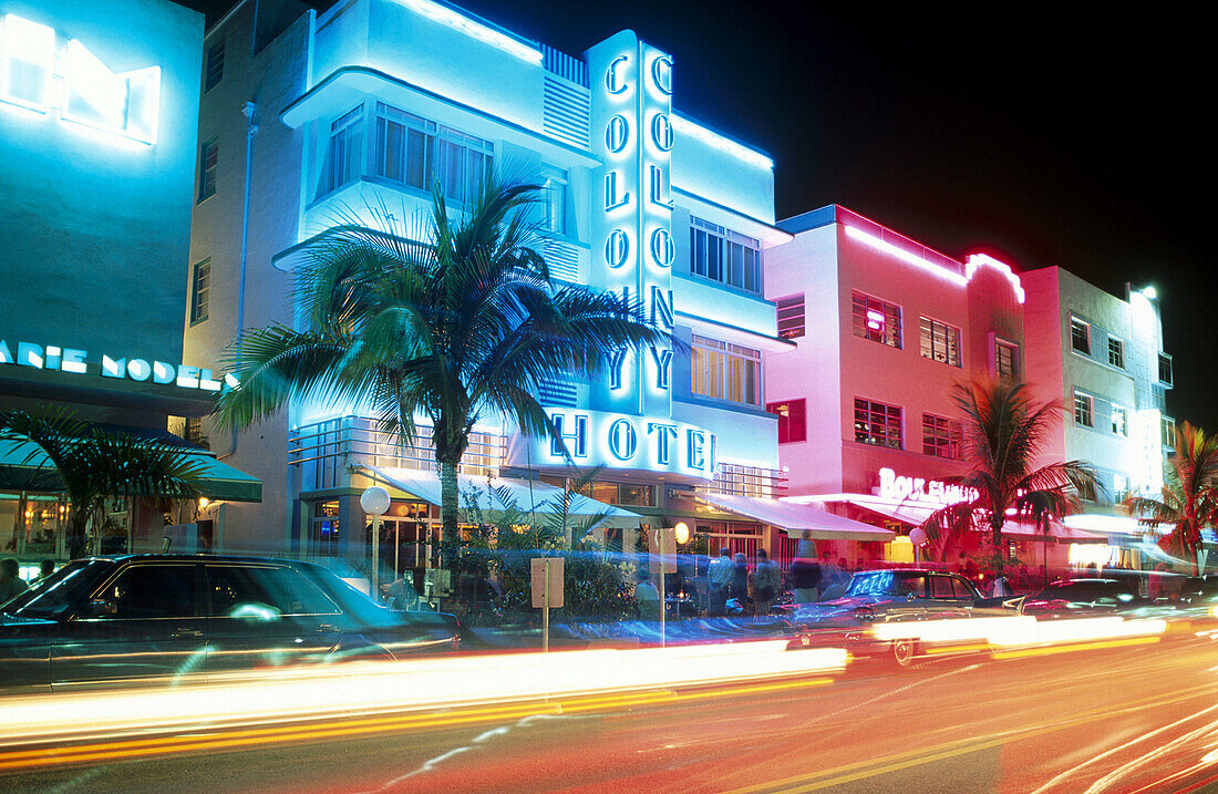 Colony Hotel at night. The Art Deco District around Ocean Drive and Washington Ave. Miami Beach. Florida. USA