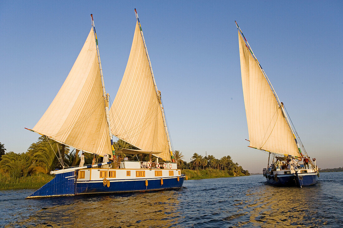 Twin masted large feluccas known as sandals . They were used formerly to carry stones and have been refurbished with a deck and cabins for sailing cruises on river Nile, south or north of Luxor. Upper. Egypt