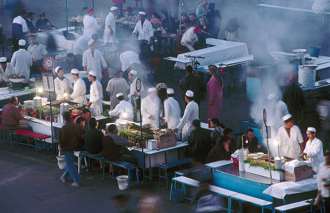 Food stalls in Jemaa El-Fna square, the liveliest place night and day in Marrakech. Morocco