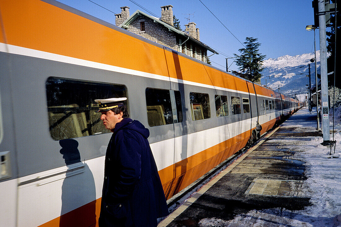Arrival of TGV train. Savoie. Alps. France