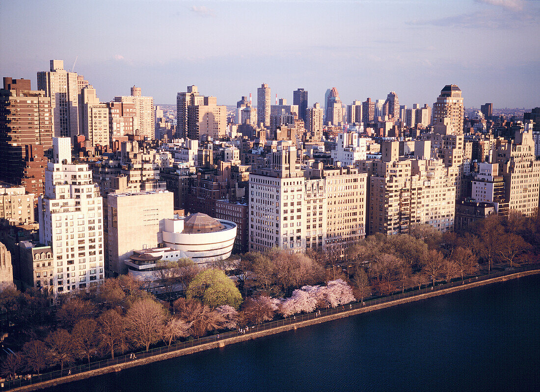 Central Park & Guggenheim museum midtown, aerial view. New York City. USA