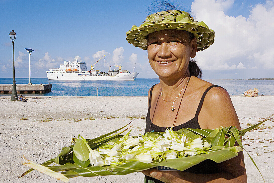 Tiare flower for greeting the tourists ashore. Stopover in Fakarava atoll. French Polynesia.