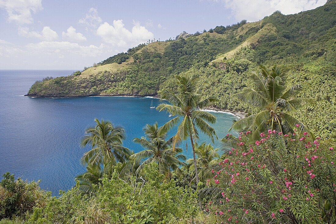 Stopover in Hapatoni, Tahuata island. Cruise on Aranui III, cargo and passenger vessel, delivering goods to Marquesas and Tuamotus islands from Tahiti and picking coprah, fruits and fishes on her way back. Marquesas archipelago. French Polynesia