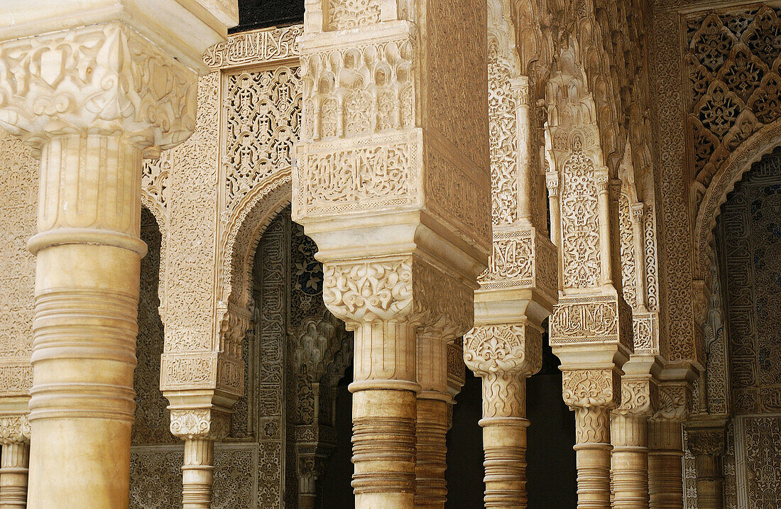 Detail of columns at the Courtyard of the Lions, Alhambra. Granada. Spain
