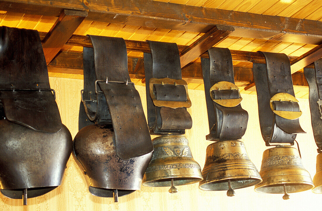 Collection of antiques cow bells. Property of Mr Grandchavin, cattle breeder, Malbuisson by Lake Saint-Point. Doubs. Franche-Comte. France Mr Grandchavin cattle breeder