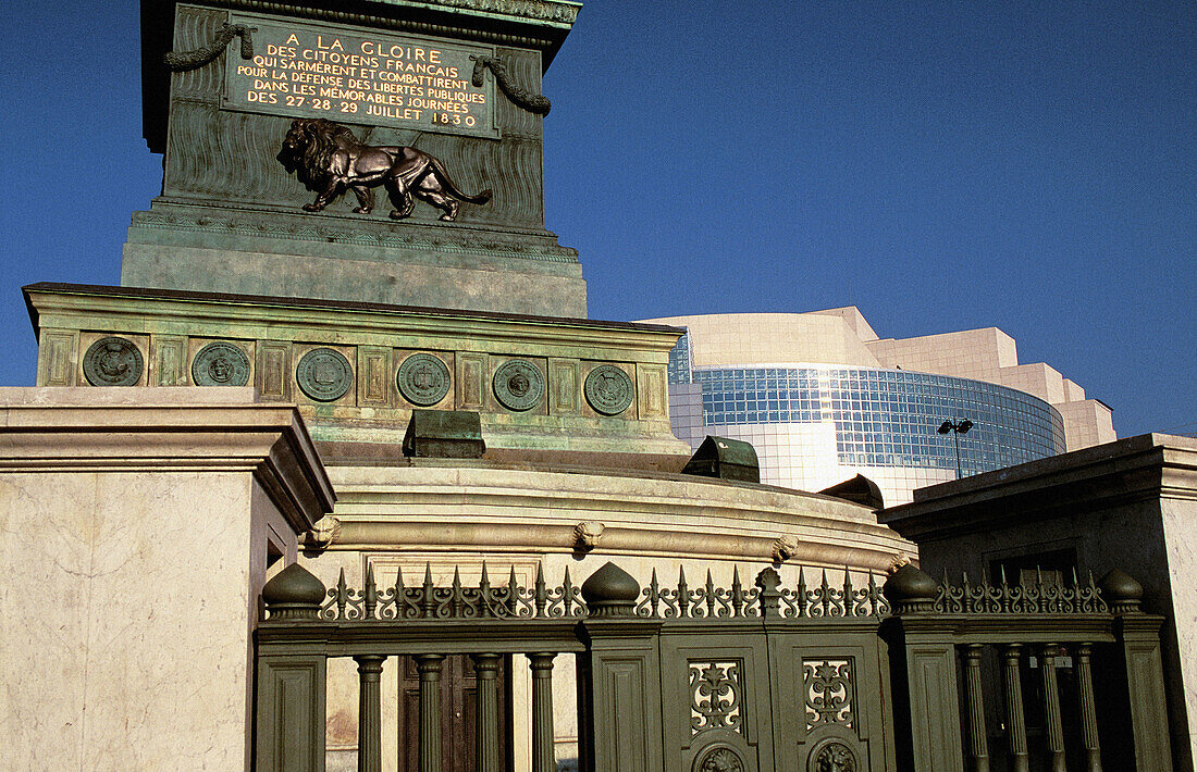 Bastille Opera and Column of July. Bastille Square. Paris. France