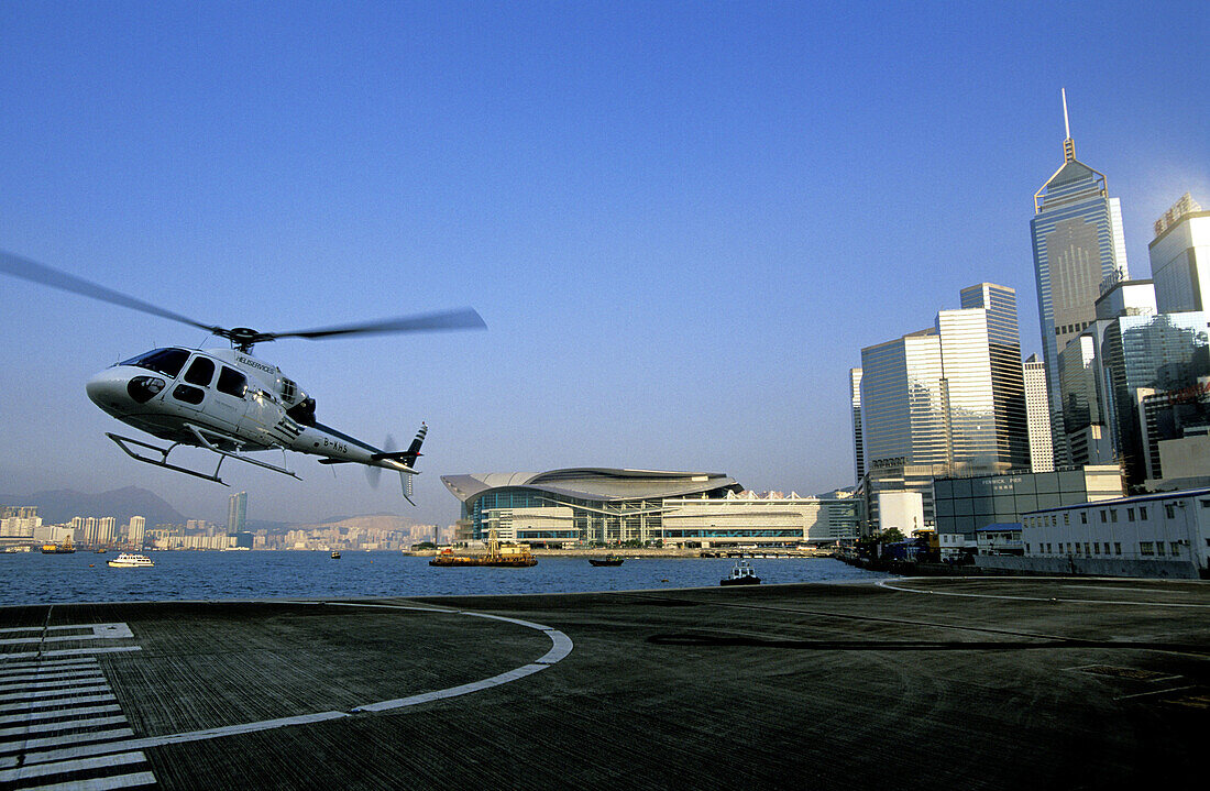 Helicopter taking off in Central. Hong Kong. China