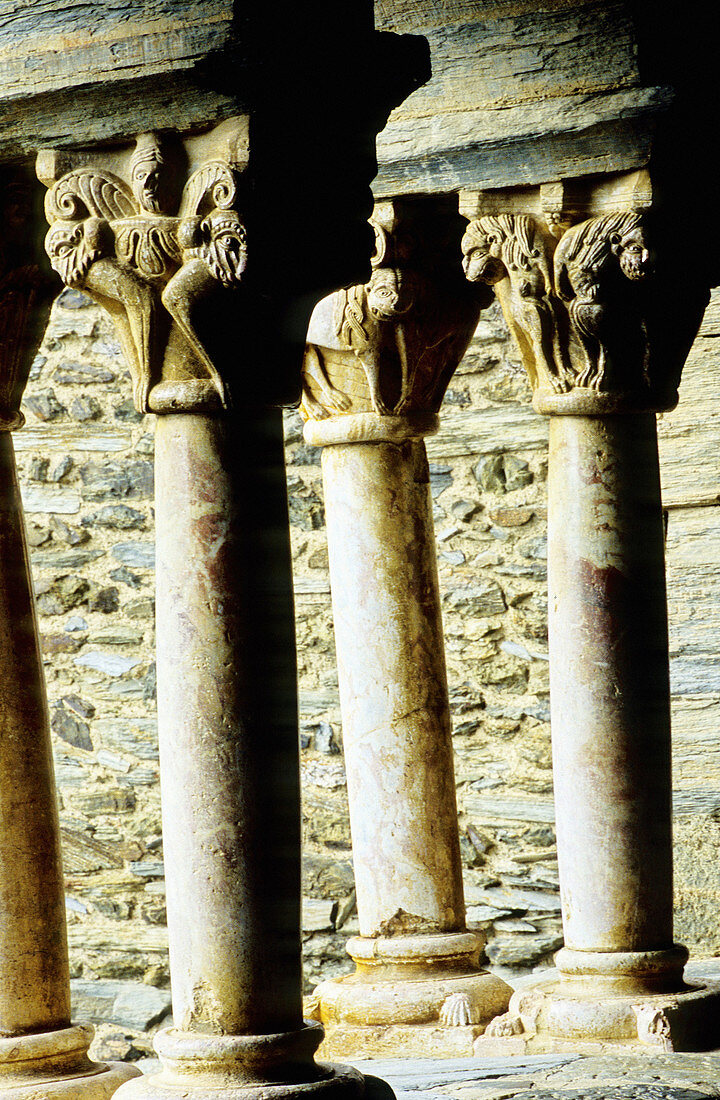 Columns at gallery of Serrabone priory, built 11th century. Pyrenees-Orientales. Languedoc Roussillon. France
