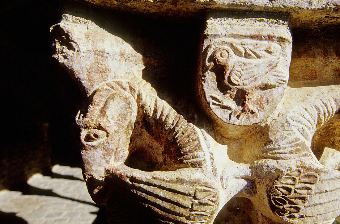 Detail of capital, Saint-Martin du Canigou abbey. Pyrenees-Orientales. Languedoc Roussillon. France