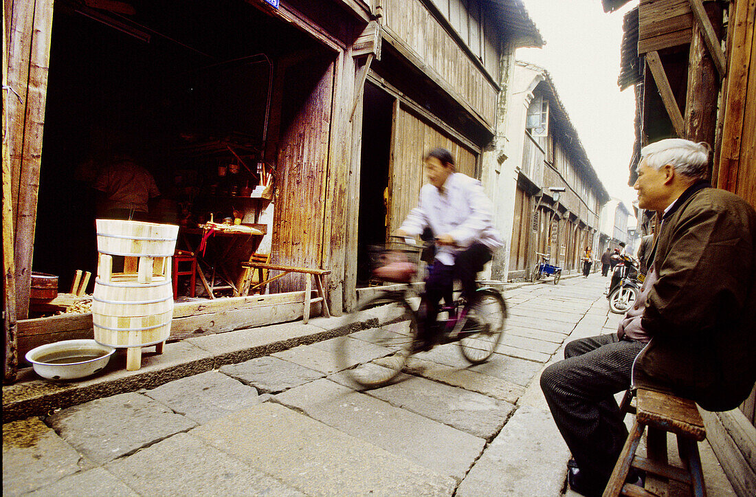 The main street. Wushen, small historic city with many canals. Zhejiang province, China