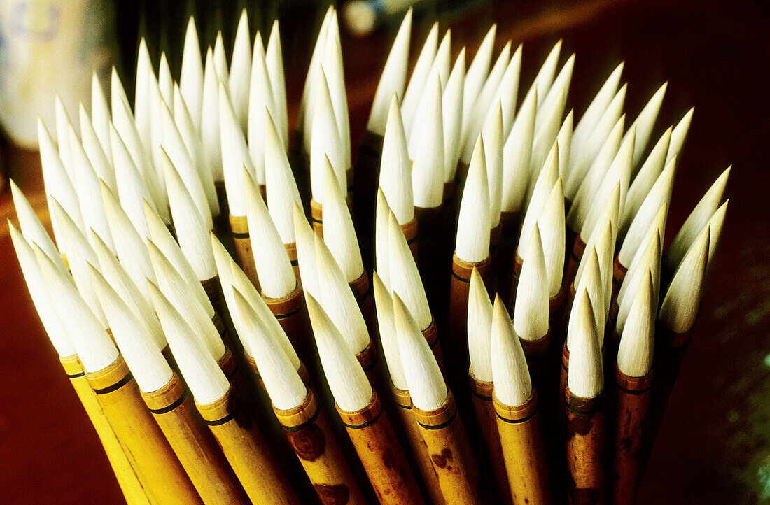 Close up on watercolor paintbrushes in a factory. Suzhou. Kiangsu province, China