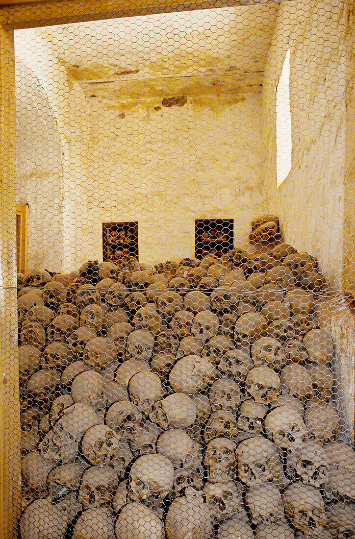 Skulls of monks who lived and died in St. Catherine s Greek Orthodox monastery. Sinai desert, Egypt