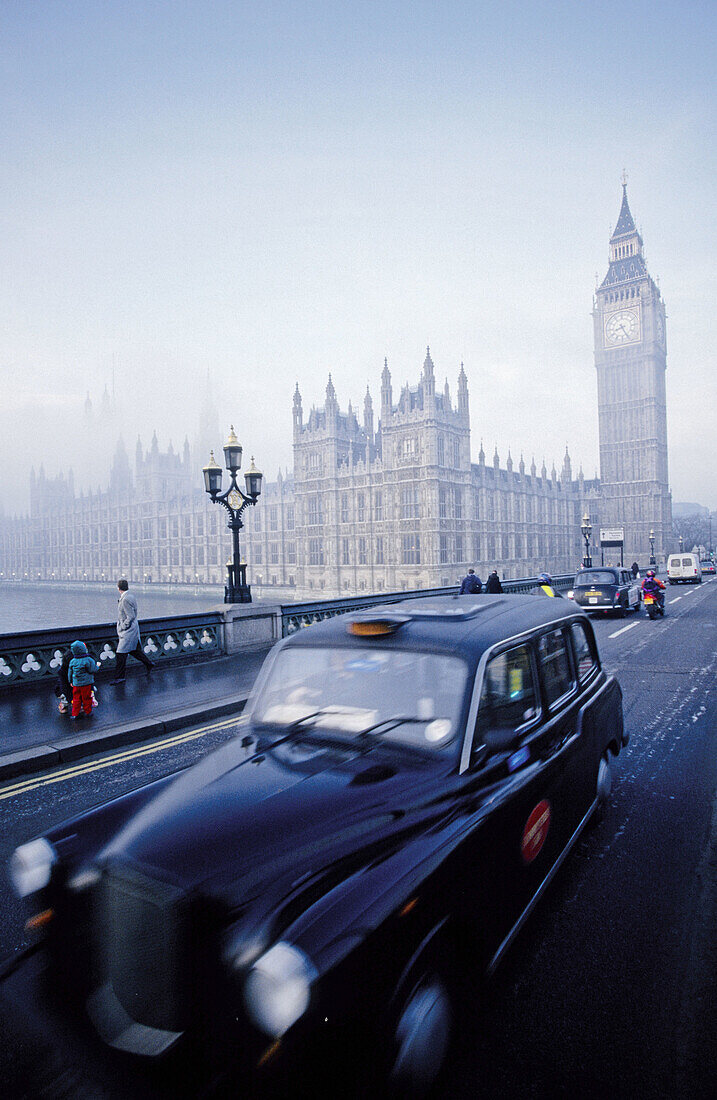 Big Ben in misty day view from Westminster Bridge. Westminster. London. England