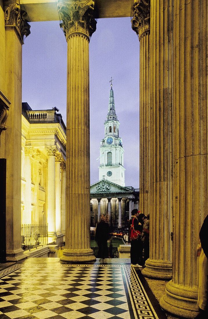 Porch on Trafalgar Square at night. National Gallery. London. England