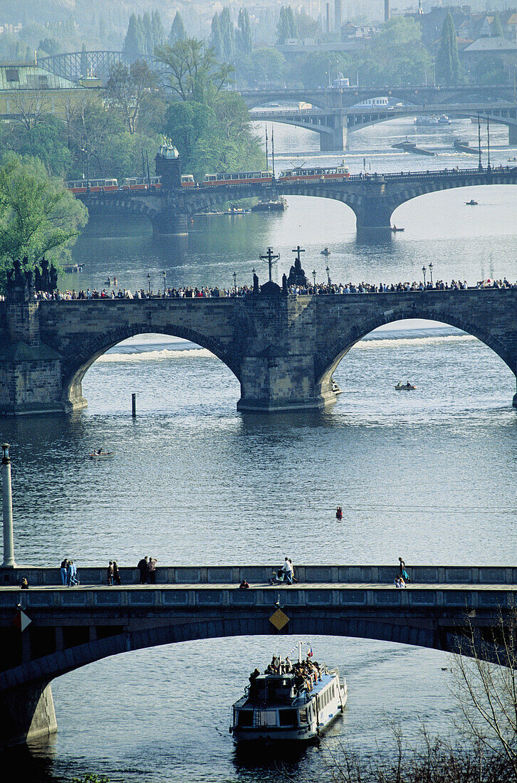 Elevated view on the Vltava river and bridges. Prague. Czech Republic