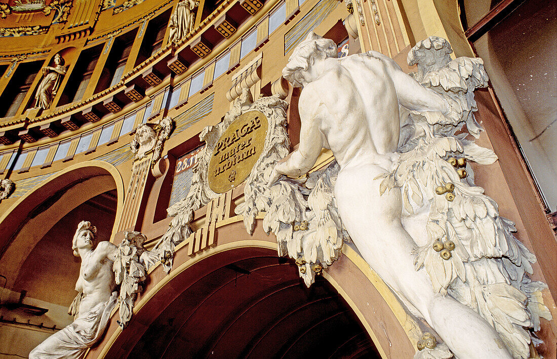 Jugendstil (Art Nouveau) style sculptures in the central railway station. Prague. Czech Republic.