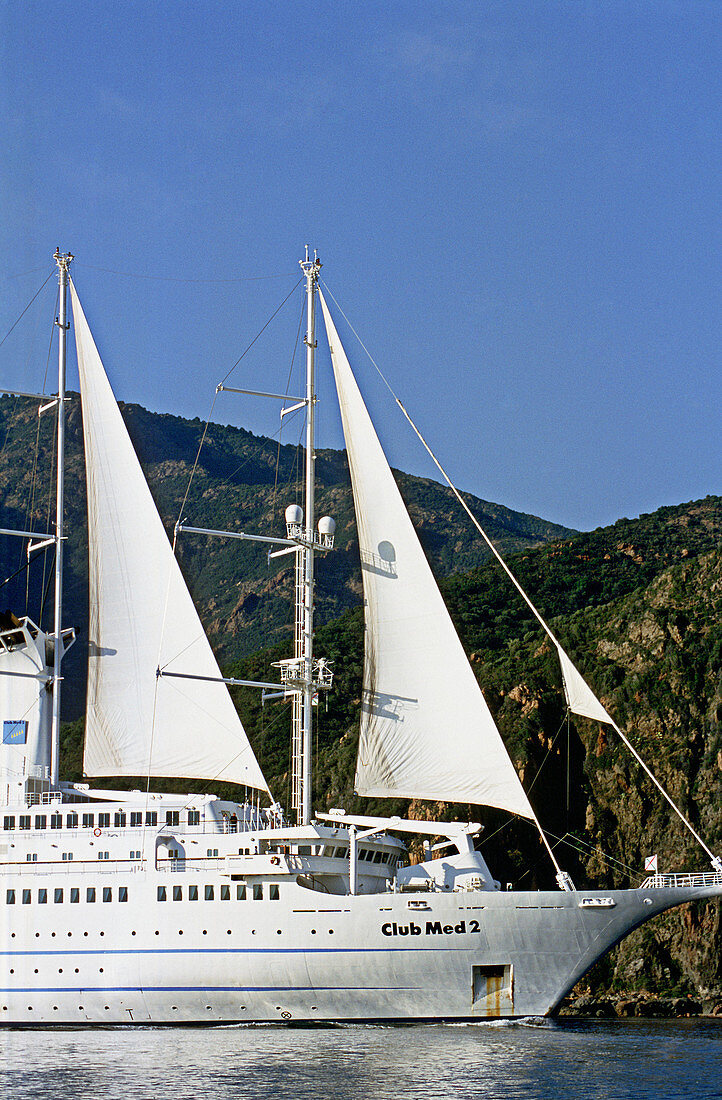 The liner Club Med 2 cruising in the Gulf of Porto. Corsica. France.