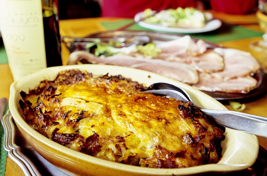 Bourriflette, the speciality of Auberge du Creux des Pierres inn. Les Fourgs, Doubs. Franche-Comté, France